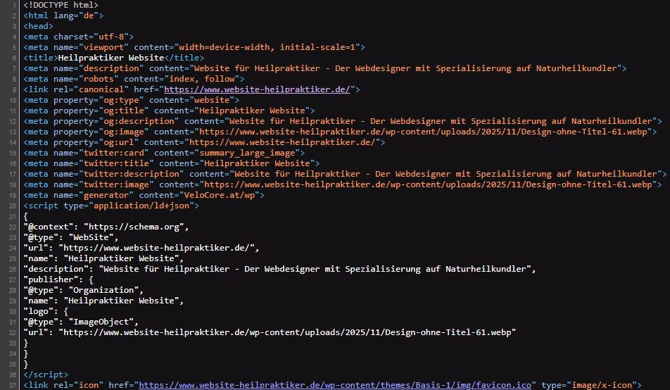 Quelltext mit allen SEO-Daten (OG, metas, canonical, Schema, etc.)