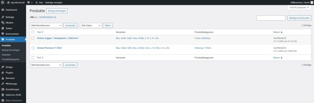 Die Produktübersicht im VeloCore System