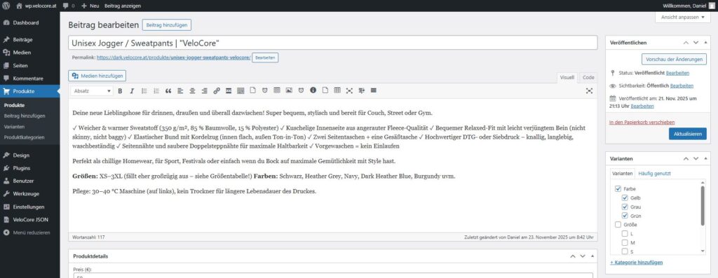 Varationen hinzufügen zum Produkt