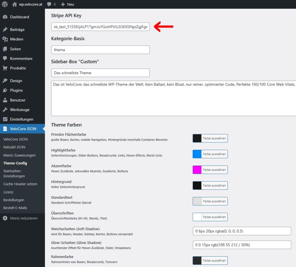 Stripe Key in den Theme-Configs eintragen